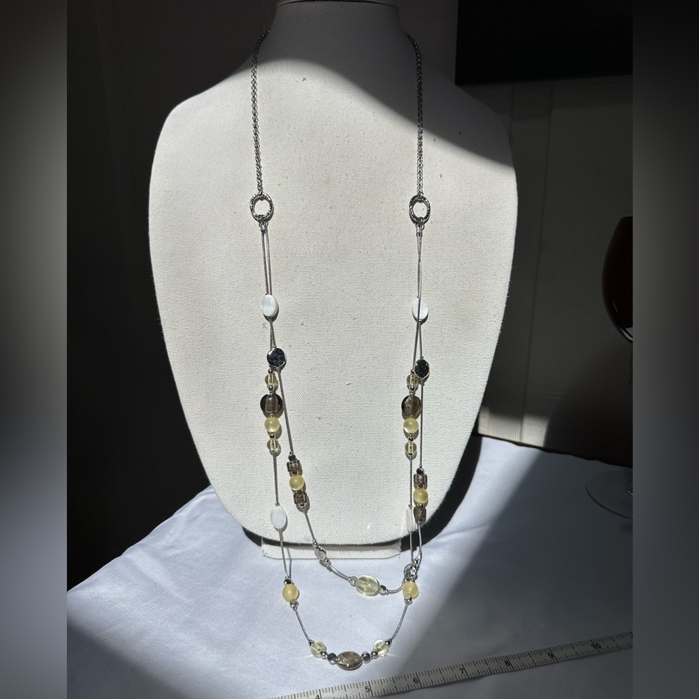 Long modernist vibe silvertone and bead necklace